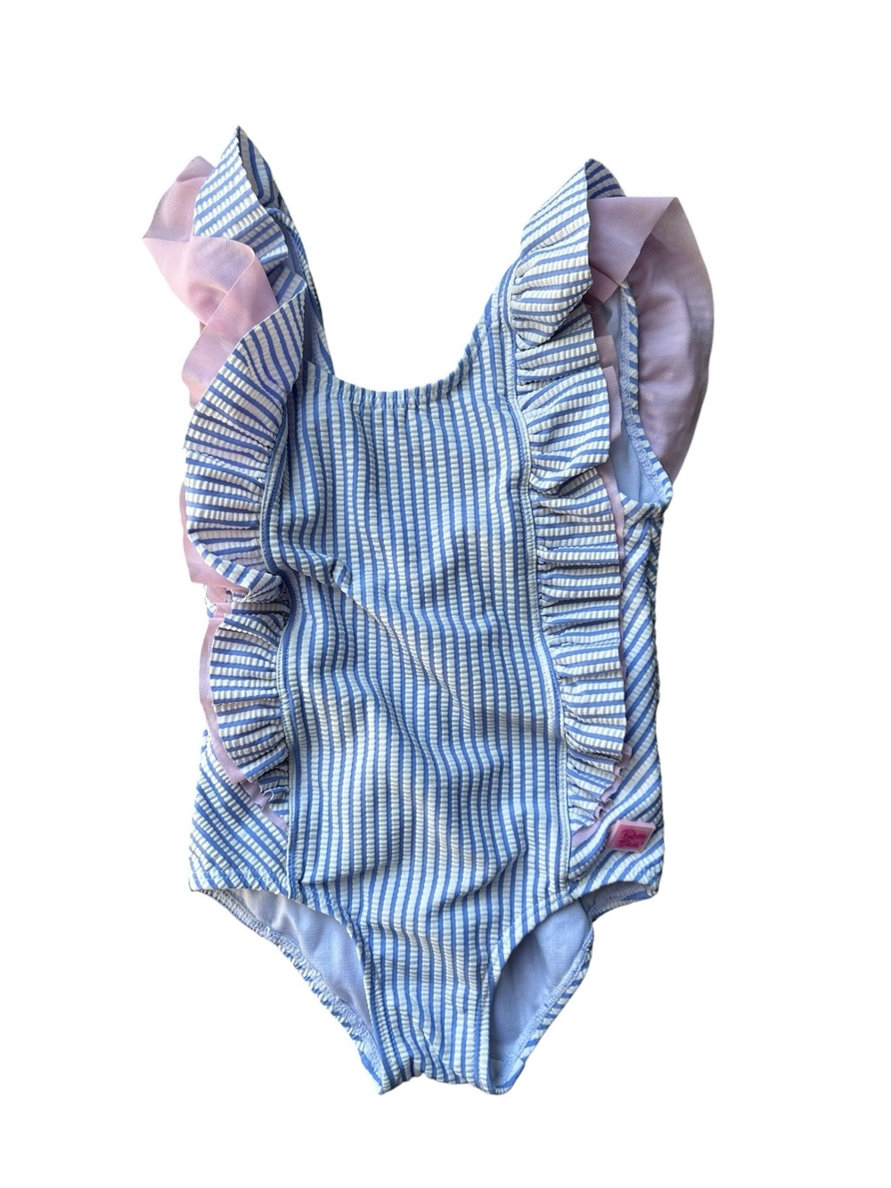Rufflebutts Toddler Girls’ Seersucker One-Piece Swimsuit Blue Pink Ruffles 3T